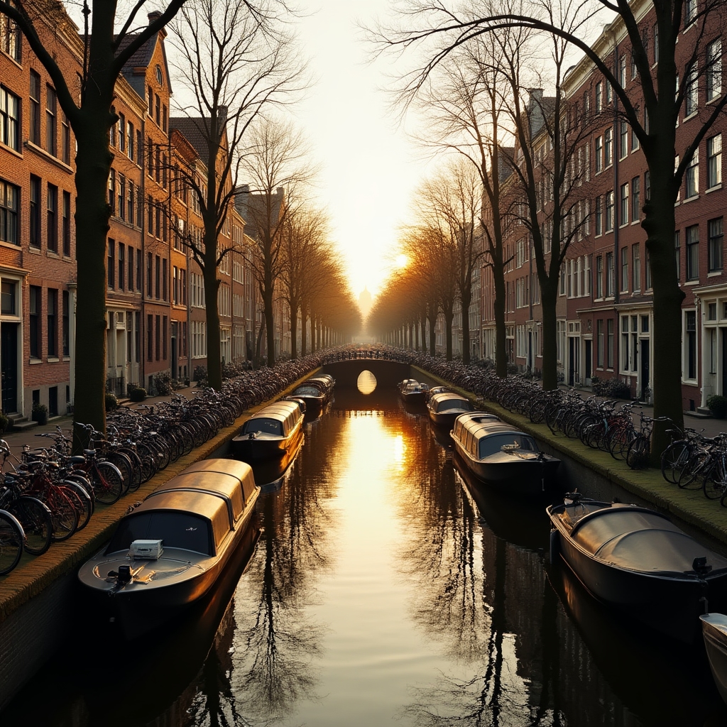 Grachten in Amsterdam mit Hausbooten und Fahrrädern im goldenen Abendlicht