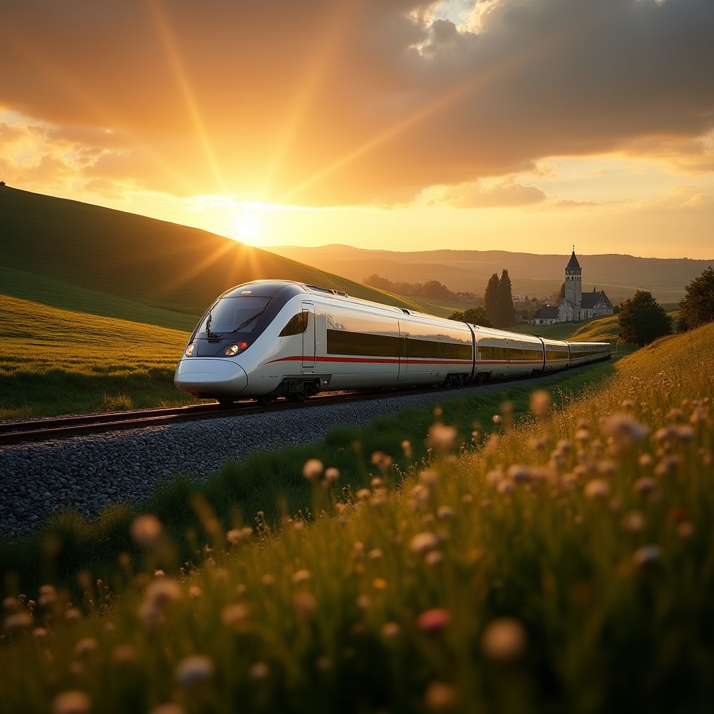 Zug fährt durch europäische Landschaft bei Sonnenuntergang