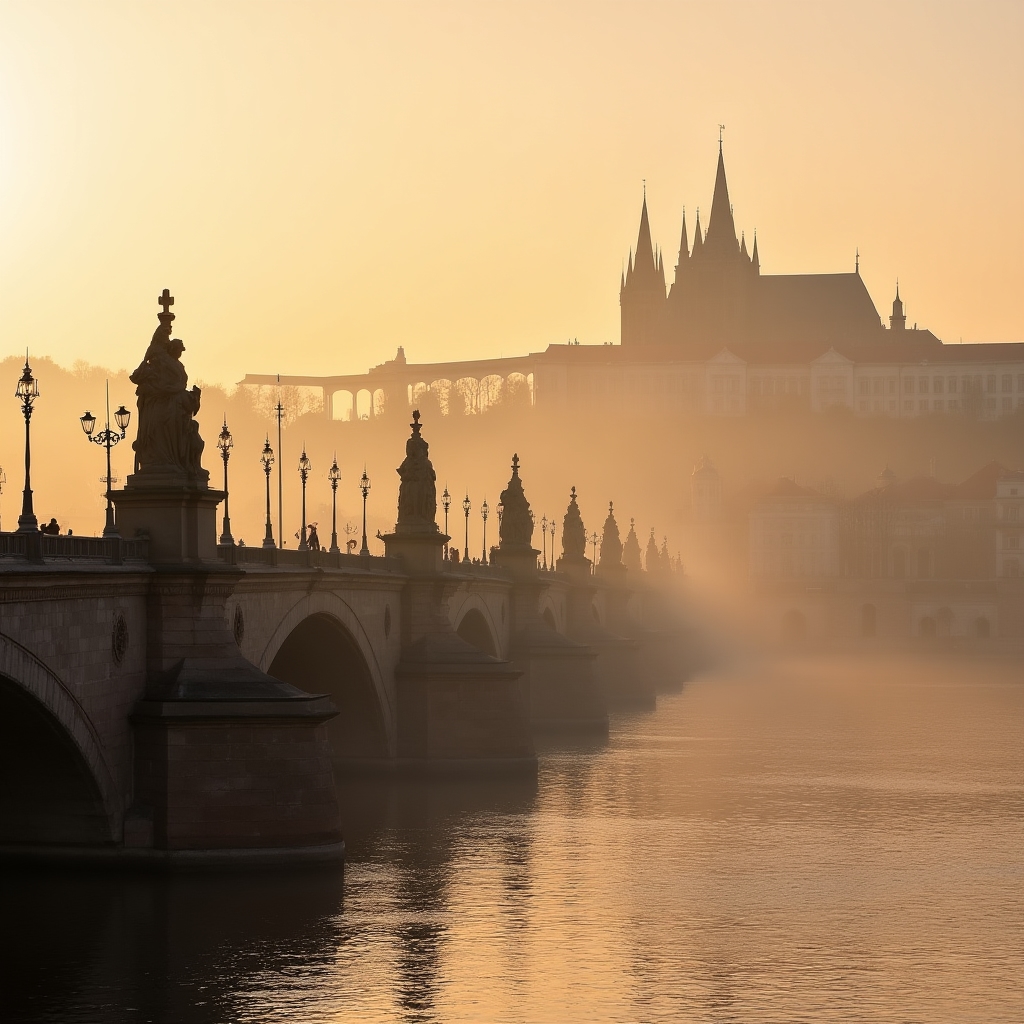 Karlsbrücke in Prag mit Blick auf die Altstadt bei Morgenlicht