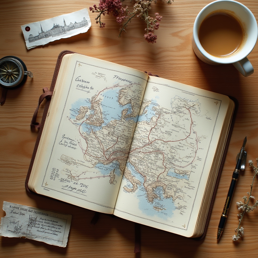 Reisetagebuch liegt aufgeschlagen neben einer Europakarte und einem Kaffee