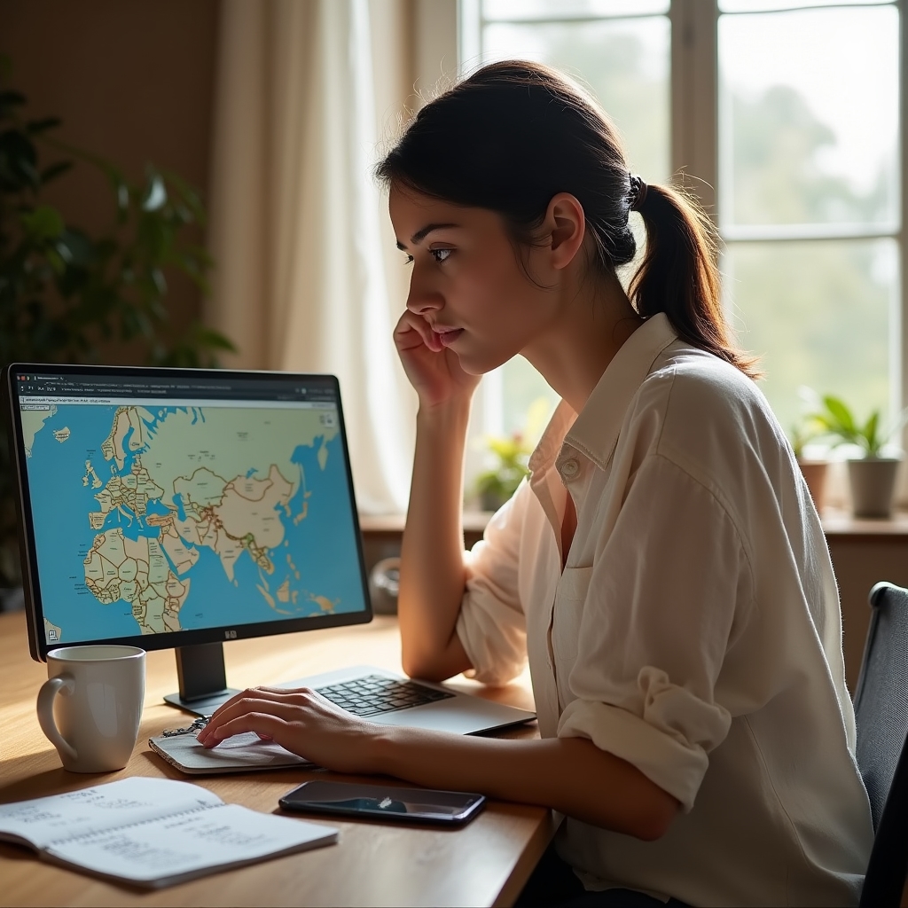 Person recherchiert Zugtickets am Laptop mit Karte von Europa im Hintergrund