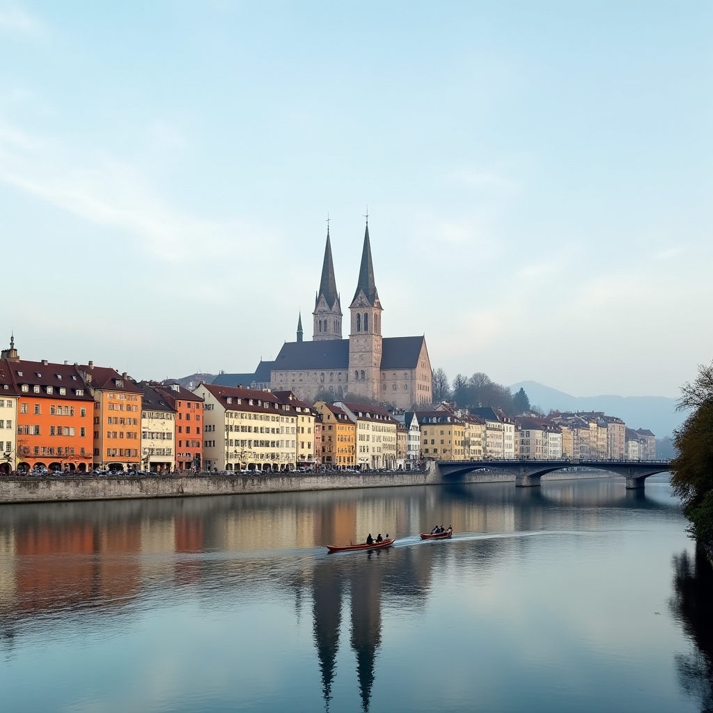 Zürichs Altstadt mit Limmat und Großmünster im Morgendunst